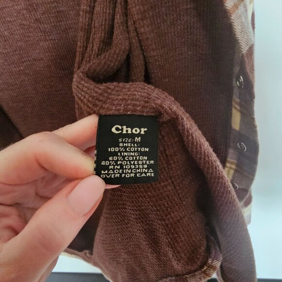 Chor Plaid Flannel Shirt Shacket Thermal Lining Pearl Snaps Pockets Size M Brown - Picture 7 of 14
